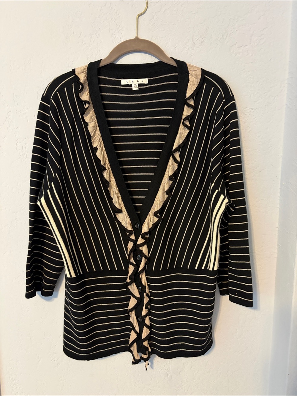 CAbi Black & Cream Striped Ruffle-Trim Cardigan
